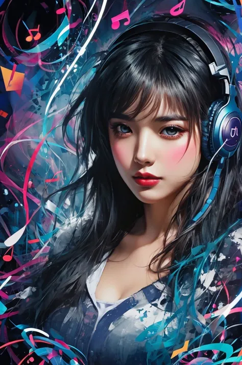 A female with headphones on immersed in music, surrounded by musical note symbols, swirling colors and abstract shapes that represent the emotional impact of sound, bright, sharp focus, contrast, double exposure