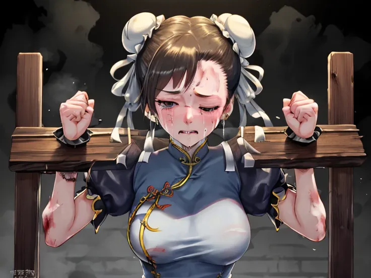 best quality, extremely detailed CG, master piece,high resolution, 4K,  NSFW, gore, violence, pillory,sf2 chun, torn clothes, hair buns, covered buns, chinese dress, qipao, blue outfit, spiked bracelets, puffy sleeves, white belt, (torn clothes), feel exha...