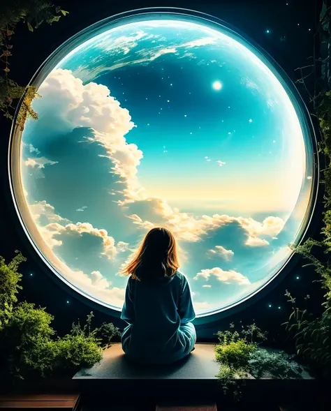 Woman sitting at the window looking at the earth, Staring at the universe from a distance, A peek into space, From the window to the space behind it, world seen only through a portal, Sounds influenced by Cyril Roland, entrance to space, in the astral worl...