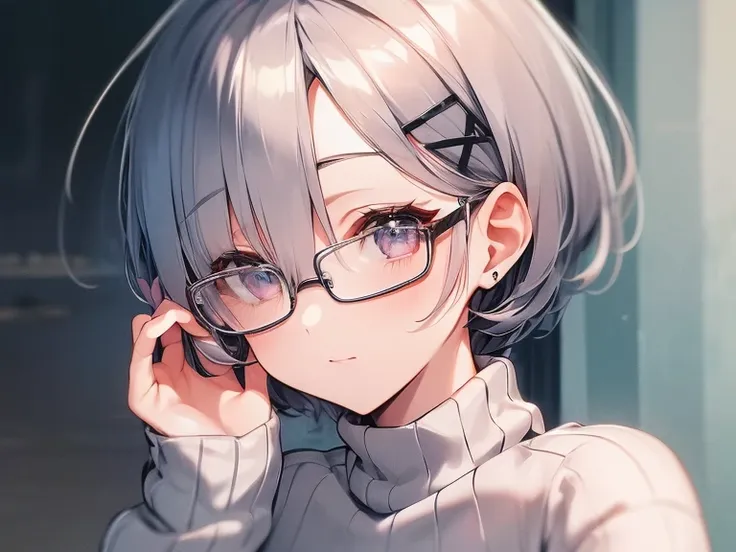 (highest quality), (highest quality), (masterpiece), woman, gray hair, glasses, (white knit)