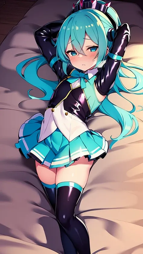 1fille, hatsune miku, tenue de princesse, couronne, or, ((trône)), dans un château, moyen-âge, porter un gilet bleu, un pied sur...