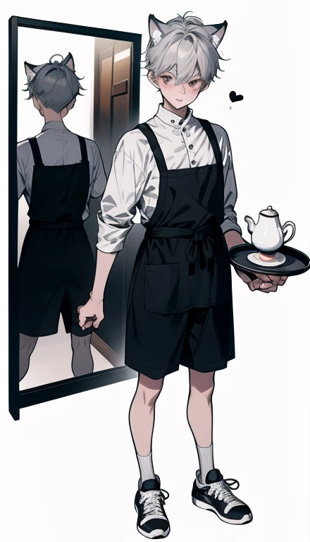 A boy with cat ears holding a tray with a teapot on it, 1 boy、Starbucks、Full body illustration、standing pose、shorts、Full body Esbian、short hair、amount、silver haired ，sneakers、Cafeの店員，wolf ears、lipstick，glossy lips，Gentle source of light，apron、Cafe，Shyness、...