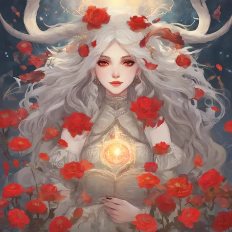 Beautiful Anime witch woman, grey hair, red eyes,  sheep horns, Fujimoto art style, otherwordly, esoteric nature, strangely happy, vampire, vampire fang smile, gleeful laugh, head tilted, reality is stranger than fiction, eyeshadow, eyes looking at viewer,...