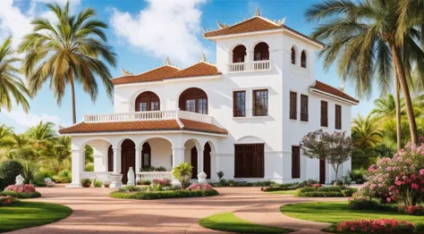 arafed white house with a red tiled roof and a large patio, colonial style, sri lanka, frontview, exquisite architecture, medite...