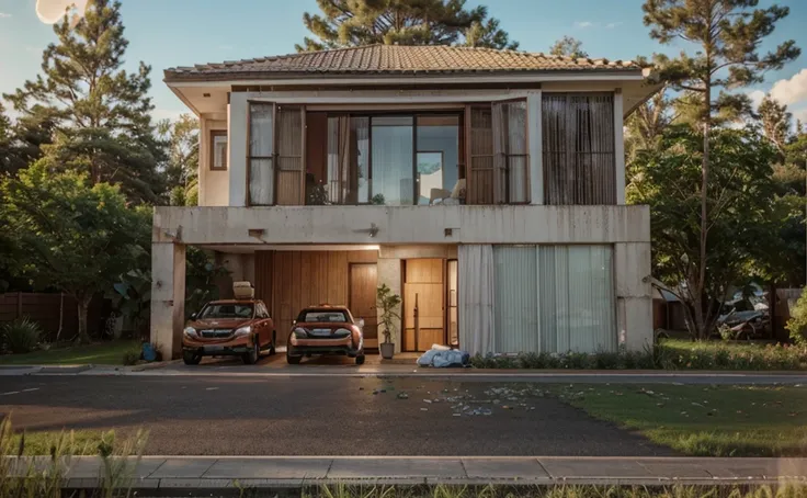 a truck parked in front of a house, outdoors, day, tree, no humans, window, ground vehicle, building, scenery, motor vehicle, car, road.