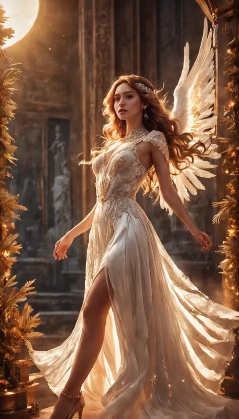  Baroque science fiction full body、elegant white angel、airy translucent dress、spectacular atmosphere、carved background、8K desaturated colors、Ultra-realistic cinematic textures、longing