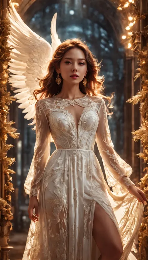 baroque science fiction full body、elegant white angel、airy translucent dress、spectacular atmosphere、carved background、8k desatur...