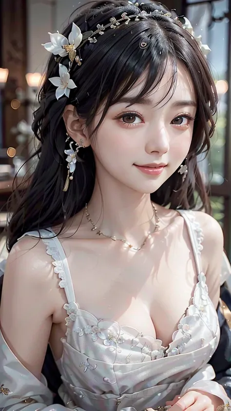 highest quality, ultra nothing, realistic, A photo of a beautiful and cute Japanese woman, detailed face, Beautiful black hair, (detailed porcelain dolls,white dress with detailed details), Mansion Pool, (Close up head from collarbone), fascinating look, l...