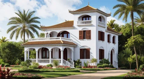 arafed white house with a red tiled roof and a large patio, colonial style, sri lanka, frontview, exquisite architecture, medite...