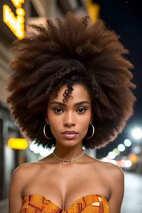 foto retrato de tinakunakey, afro enorme, mulher bonita cabelo penteado para cima em rua iluminada a noite sentado no bar (obra ...