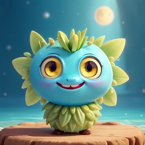  A olivine crystal doll is designed in cartoon-like style, big, round eyes, a wide smile, and friendly expression. The theme is blue ocean