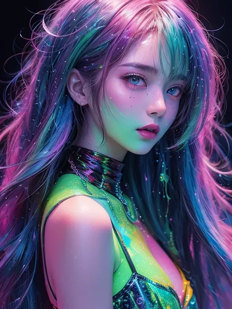 glow in the dark ，Bioluminescent color glow , paint splatter，Glamorous psychedelic surreal neon amazing universe beautiful gorgeous woman in bright colorful neon lights，Mark Reiden、daniel merriam、Bright neon colors in the style of Frank Frazeta and Boris V...