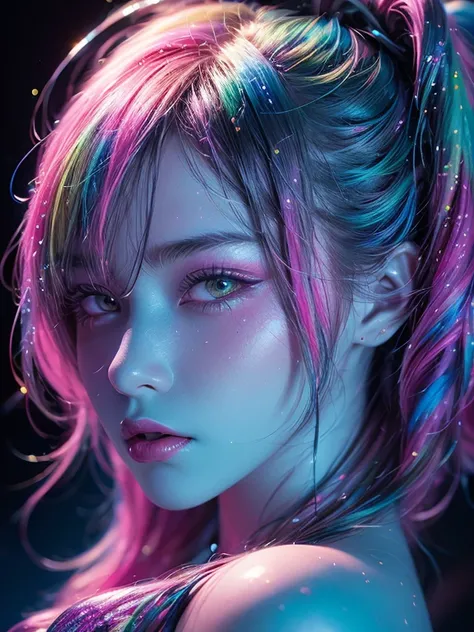 glow in the dark ，Bioluminescent color glow , paint splatter，Glamorous psychedelic surreal neon amazing universe beautiful gorgeous woman in bright colorful neon lights，Mark Reiden、daniel merriam、Bright neon colors in the style of Frank Frazeta and Boris V...