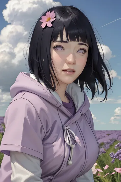 masterpiece, absurdres, hinata(boruto), 1girl, solo,mature female, purple hoodie,layered sleeves, brown pants,  outdoors,lavender flower field, looking at viewer, (falling petals), cloudy sky, perfect composition, detailed lips, big breast, beautiful face,...