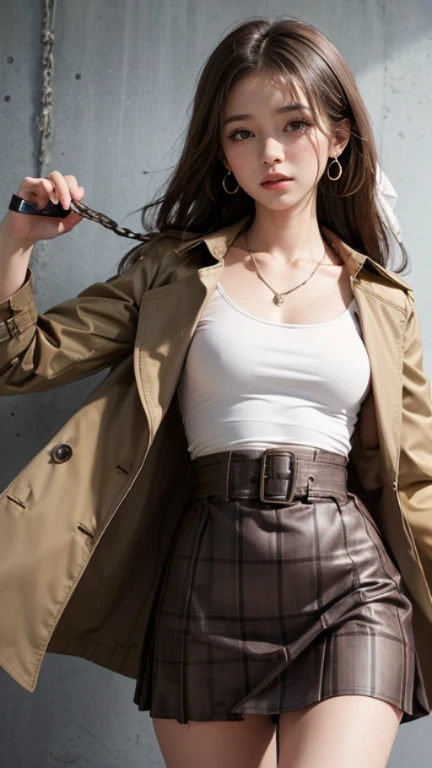 masterpiece,((small girl)),brown eyes,brown hair,((Trench coat ,checked pattern skirt　)),(spread arms,handcuffs),((small breasts)) ,medium long hair,earrings, necklace,((sweat)), wedding ring