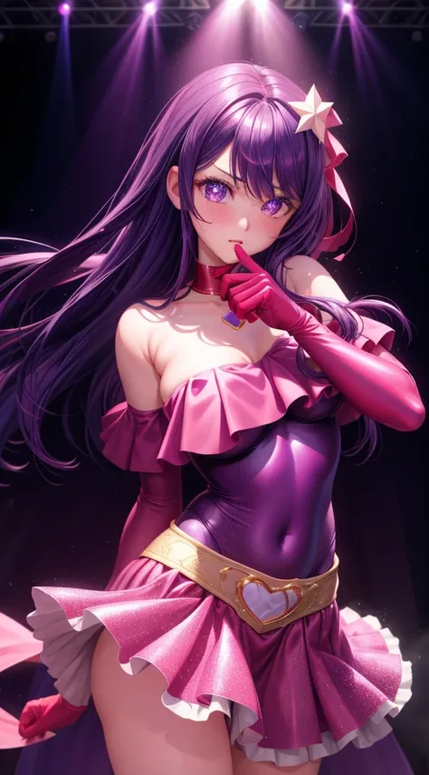 realistic, 1 girl, purple hair, purple eyes, star-shaped pupil, idol costume, skirt, parted lips, blush, Stage light background, red gloves, hair ornaments, perfect hands足, perfect hands, perfect fingers、Big breasts、embarrassed face