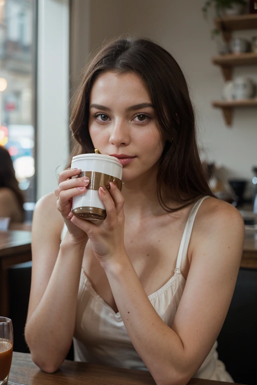 A very beautiful Russian girl is drinking coffee in a cafe, ultra realistic 8k