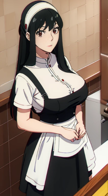 Long black hair, maid dress, white apron, massive sized breast , thigh legs, maid headband on her head,short maid skirt, standing, red colour eyes, ultra realistic detailed red eyes, beautiful and perfect face, kitchen background, black hair