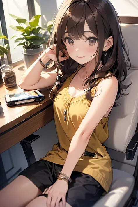 (Masterpiece, Best quality, Very detailed, High accuracy, 4K),(Beautiful detailed eyes),(Highly detailed face),(1girl),Human development report,long hair, Shorts, Phone, Brown eyes, Brown hair, cellPhone, Bracelet, Top of the tank, jewelry, He watches, She...