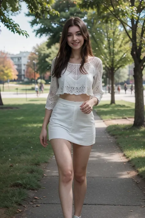 A very beautiful Russian girl is walking happily in the park ,smile and ultra realistic 8k