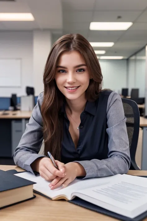 A very beautiful Russian girl in formal clothes smiles while working in a modern office, ultra realistic 8k