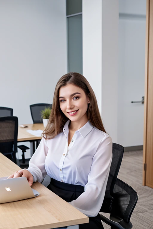 A very beautiful Russian girl in formal clothes smiles while working in a modern office, ultra realistic 8k