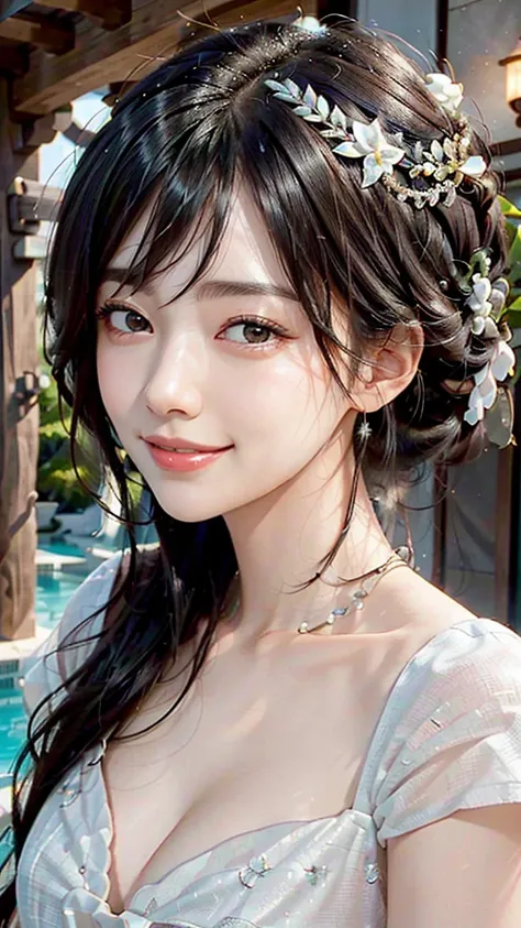 highest quality, ultra nothing, actual, A photo of a beautiful and cute Japanese woman, detailed face, Beautiful black hair, (white dress with detailed details), Mansion Pool, (Close up head from collarbone), fascinating look, looking at the viewer, happy ...