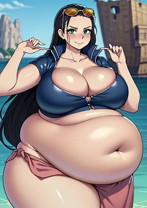 art by kipteitei, 1girl, nico robin, aqua eyes, black hair, breasts, cleavage, closed mouth, collared jacket, cowboy shot, crop top, cropped jacket, eyewear on top of head, hair slicked back, hand up, high collar, jacket, big breasts, long hair, looking at...