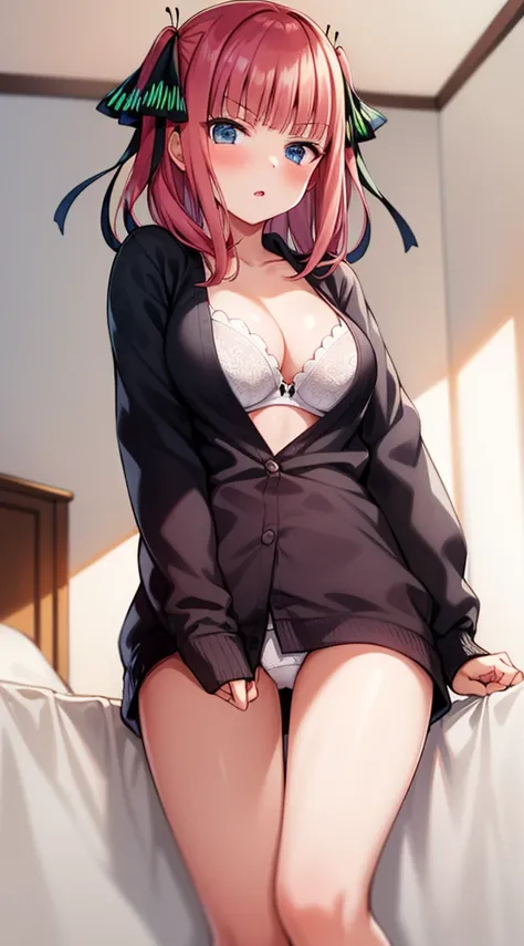 1 Nakano Nino, 1 girl, pink hair, butterfly hair topper, black cardigan, white unbuttoned T-shirt, black bra, medium , plunging neckline, full length flat, looking at viewer, front view, in a room, sunlight, one bed in the background, 2d, masterpiece.