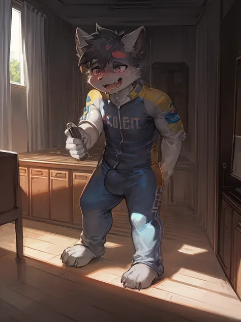 digital arts, wide angle, the room, dynamic poses acts, shading, standing, furry, drool face, wearing, 1piece race suit motogp, very horny, takecare of oenis