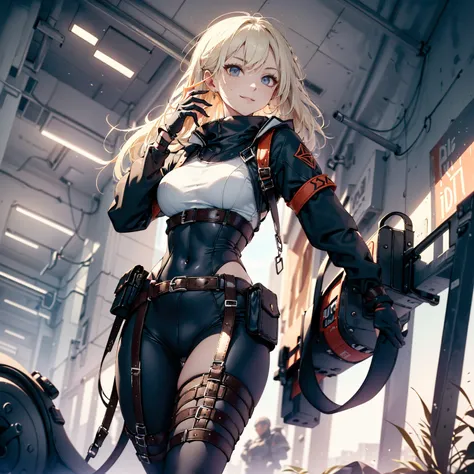 (masterpiece、highest quality、highest resolution、clear_image、detailed details): (whole body、18 year old female fighter，Slender、small face、black super bob short hair、Shiny black tight combat uniform，tight suit、Gentle smile、Backpack)