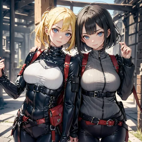 (masterpiece、highest quality、highest resolution、clear_image、detailed details): (whole body、18 year old female fighter，Slender、small face、black super bob short hair、Shiny black tight combat uniform，tight suit、Gentle smile、Backpack)