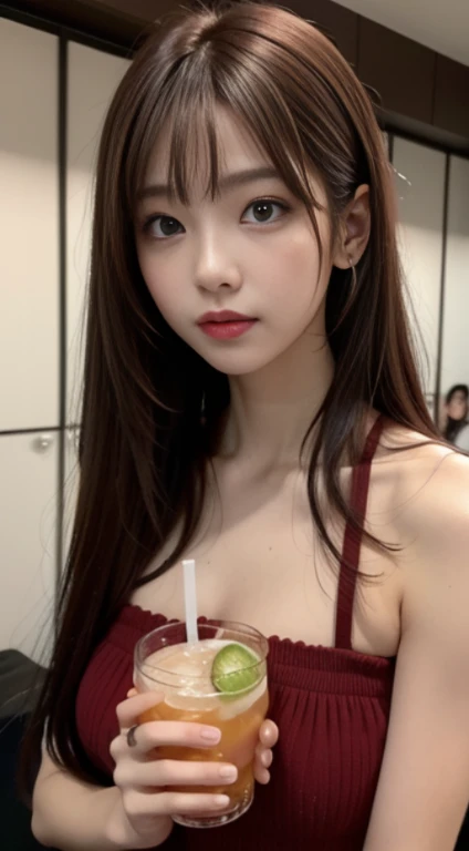 arafed asian girl with long hair drinking a drink, Lalisa Manobal, Lalisa Manoban de Blackpink, ulzzang, brown long hair with bangs, Cabello largo con flequillo completo, Pelo largo con flequillo, maquillaje popular de Corea del Sur, auburn hair with bangs...