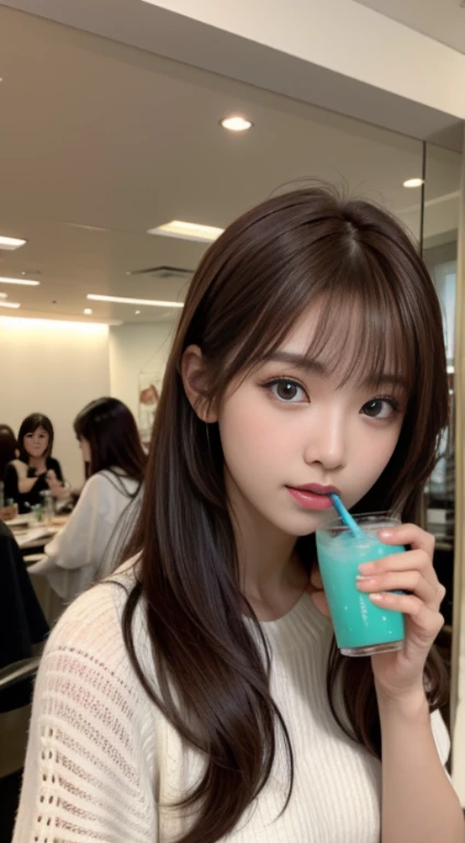 arafed asian girl with long hair drinking a drink, Lalisa Manobal, Lalisa Manoban de Blackpink, ulzzang, brown long hair with bangs, Cabello largo con flequillo completo, Pelo largo con flequillo, maquillaje popular de Corea del Sur, auburn hair with bangs...