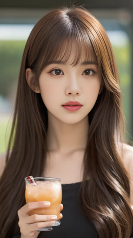 arafed asian girl with long hair drinking a drink, Lalisa Manobal, Lalisa Manoban de Blackpink, ulzzang, brown long hair with bangs, Cabello largo con flequillo completo, Pelo largo con flequillo, maquillaje popular de Corea del Sur, auburn hair with bangs...