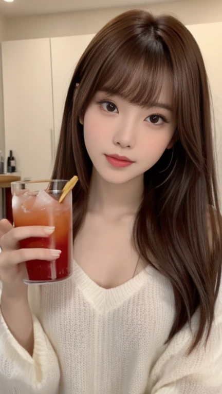 arafed asian girl with long hair drinking a drink, Lalisa Manobal, Lalisa Manoban de Blackpink, ulzzang, brown long hair with bangs, Cabello largo con flequillo completo, Pelo largo con flequillo, maquillaje popular de Corea del Sur, auburn hair with bangs...