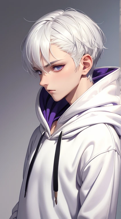 (masterpiece, highest quality), intricate details, thin, ((slim)), boy, white hair mixed with purple, white skin, , sharp jaw line, Black hooded hoodie, short-haired hair, Upper body, close, Cool face