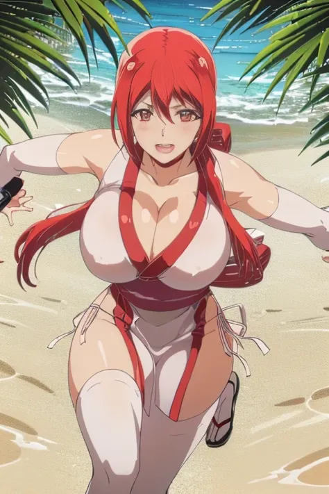 masterpiece, high resolution, best quality, beautiful art, 1 woman , Akane Hiyama, 30 years old, well made hands, fingers and body proportions, grown up, loose long hair, big breasted, cleavage, white kunoichi  dress, full body , sexy outfit, pelvic curtai...