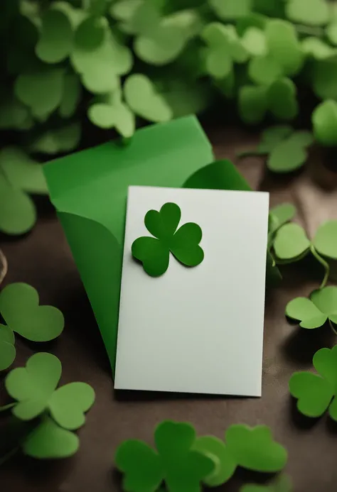 A high-resolution image showcasing a blank St. Patrick’s Day greeting card mockup, with a green background adorned with clovers, providing ample space for personalized messages or artwork, allowing for creativity and customization.