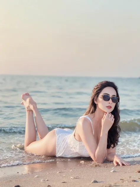 gorgeous cute Austrian girl, Steel gray hair loose braided hair,laying on the beach with her legs crossed, posing on a beach with the ocean, dilraba dilmurat, hot with shining sun, posing on the beach, in the beach, with sunglass, laying on beach, laying o...