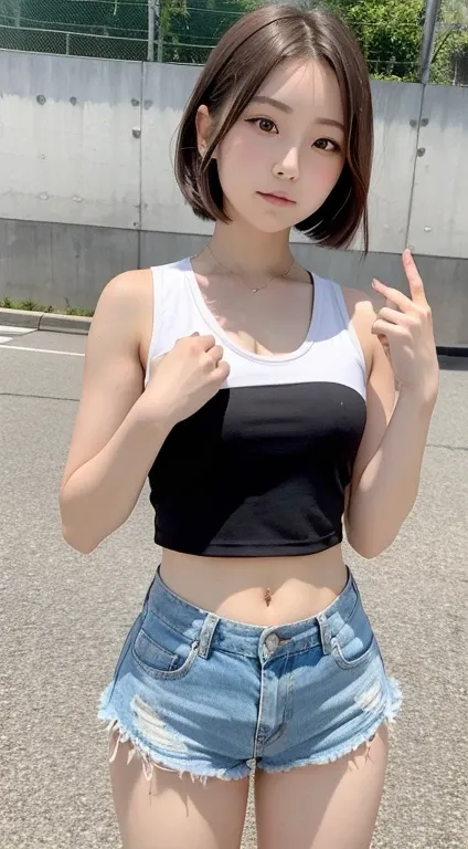 Raise your hand Maki Horikita Beautiful girl Junior high school student Angry face Brown hair Athletics Hands Short height Small breasts Short hair White tank top Beautiful legs Navel exposed Takayama peak Very messy hair Windy 