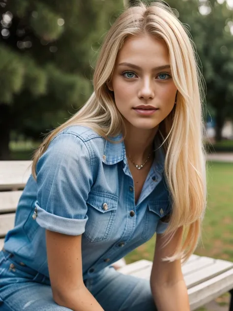 Blond with long hair sitting on a park bench very sad and crying, 18 year old girl, beautiful model, cute face, slim sweaty face, slim body, bright eyes with high level of detail, sharp focus, detailed skin pores, complex eyes, unique face, Mix with Russia...