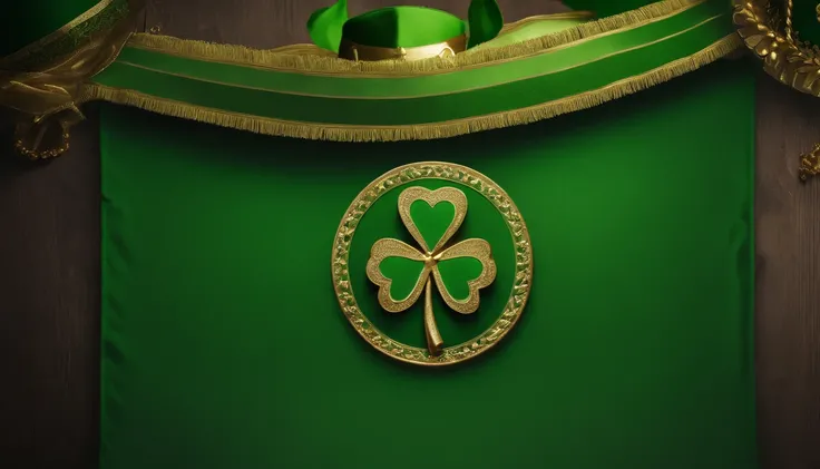 A detailed and realistic image capturing a blank St. Patrick’s Day banner mockup, with a green fabric background, empty space for text or graphics, and decorative elements such as leprechaun hats or shamrocks, ready to be customized for specific celebratio...