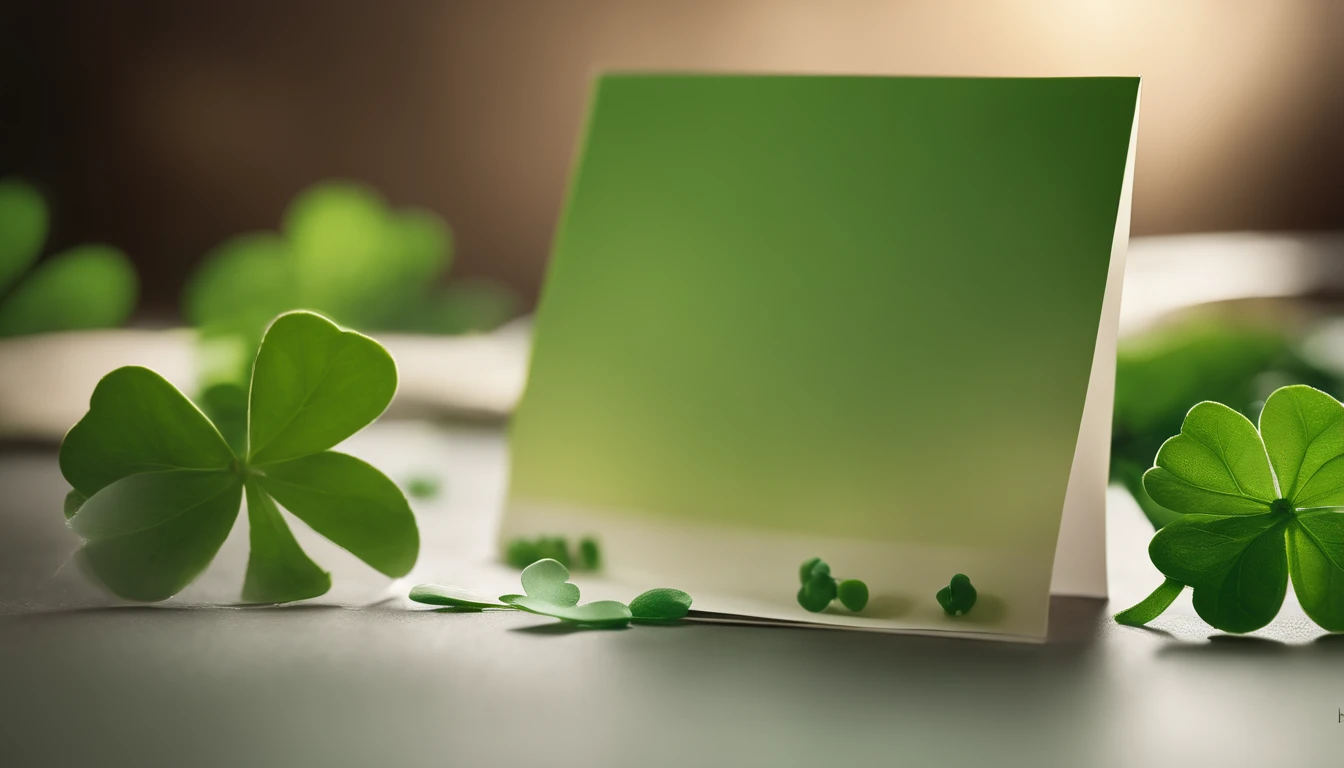 A high-resolution image showcasing a blank St. Patrick’s Day greeting card mockup, with a green background adorned with clovers, providing ample space for personalized messages or artwork, allowing for creativity and customization.