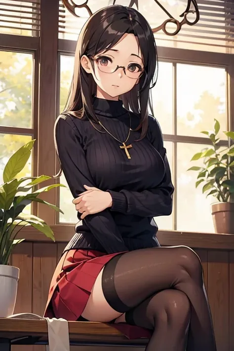 knit、Tight Skirt、beautiful mature woman、Glasses、sit、Upper body、cross your legs、stockings