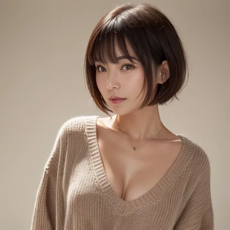 (Best quality, 8k, 32k, Masterpiece, UHD:1.2),Photo of Pretty Japanese woman, large breasts, very short bob hair, slant eyes:1.4, upper body,face focus,oversized_sweater, necklace, simple background, from above, looking back