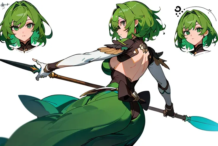 (masterpiece)),(((best quality))),((character design sheet,same character,front,side,back)),illustration,1 girl,medium hair,hair on eyes,beautiful eyes,environment Scene change, pose too, sexy big breasts female medium green hair, holding a spear, visible ...