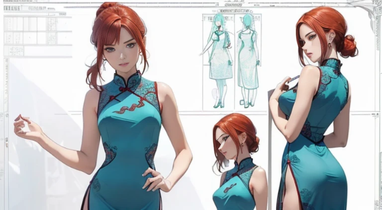 ((Best Quality)), ((Masterpiece)), ((Realistic)) 19 year old, redhead girl, shoulder length hair, relaxed happy face ((slender)) (busty), ((( cheongsam turquoise lace dress))) (((exy dress)) bun hairstyle (((detailed character sheet, frontal view, side vie...