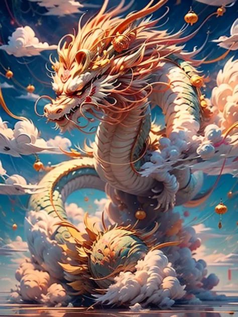 clouds surround cute chinese dragon, fireworks background，chinese new year decoration（（（masterpiece）））， （（best quality））， ， （（su...