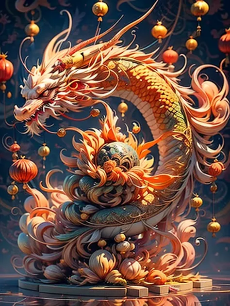 goldfish surround cute chinese dragon, fireworks background，chinese new year decoration（（（masterpiece）））， （（best quality））， ， （（...